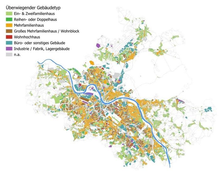 Kartendarstellung der überwiegenden Gebäudetypen je Baublock bezogen auf die Energiebezugsfläche