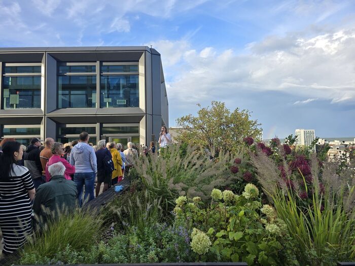 Teilnehmende der Führung stehen auf der begrünten Dachterrasse des Gebäudes des SachsenEnergie
