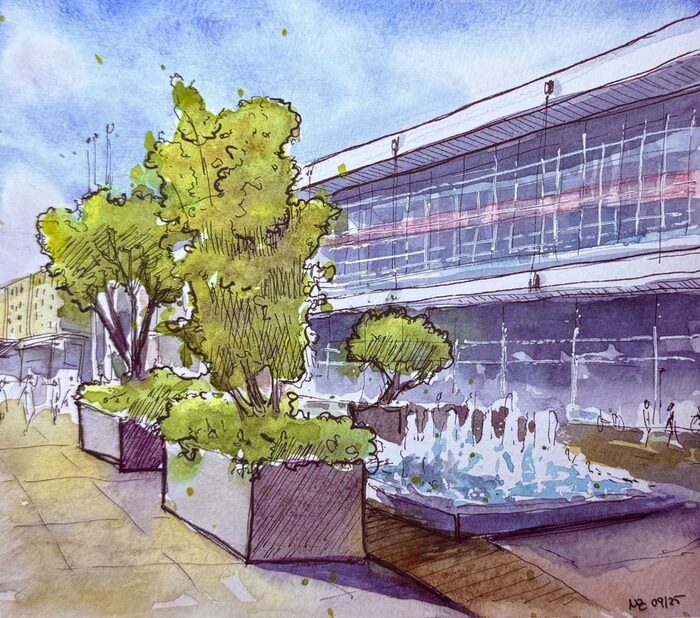 Die Skizze zeigt den Kulturpalast mit Pop-Up Grün und Springbrunnen.