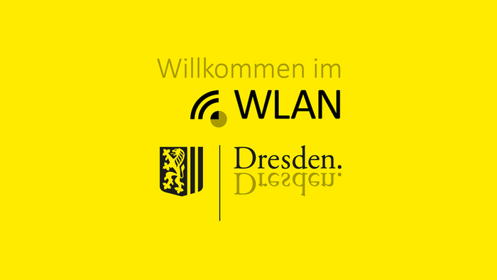 Grafik mit dem Text "Willkommen im WLAN Dresden" und dem Logo der Landeshauptstadt Dresden