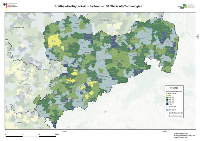 Karte Breitbandverfügbarkeit Sachsen größer-gleich 50 Mbit/s (alle Technologien)