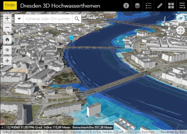Abbildung der Anwendung mit der Hochwassersimulation im 3D-Stadtmodell
