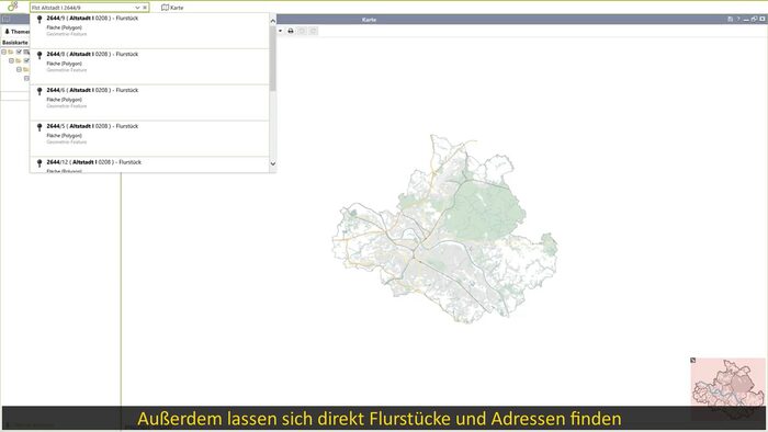 Ansicht der Weboberfläche des Informationsdienstes "GeoDaten Dresden" mit dem Beispiel der Anzeige von Flurstücken