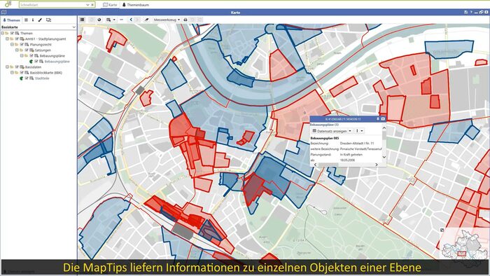 Ansicht der Weboberfläche des Informationsdienstes "GeoDaten Dresden" mit dem Beispiel MapTips