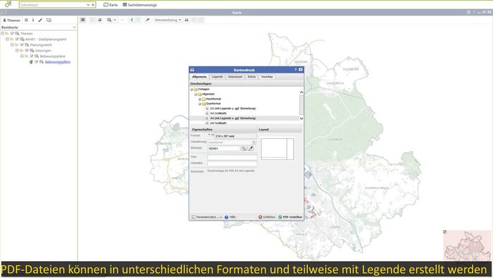 Ansicht der Weboberfläche des Informationsdienstes "GeoDaten Dresden" und dem Beispiel wie man Kartendrucken kann