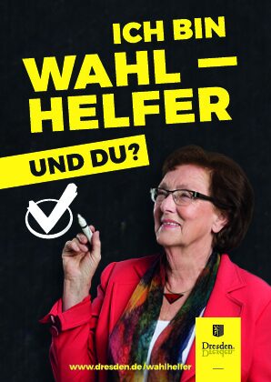 Frau in rotem Jacket vor schwarzem Hintergrund zeigt auf Haken im weißen Kreis, gelber Schriftzug: Ich bin Wahlhelfer! Und DU?