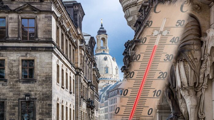 Symbolbild mit Thermometer vor Dresdner historischer Altstadt