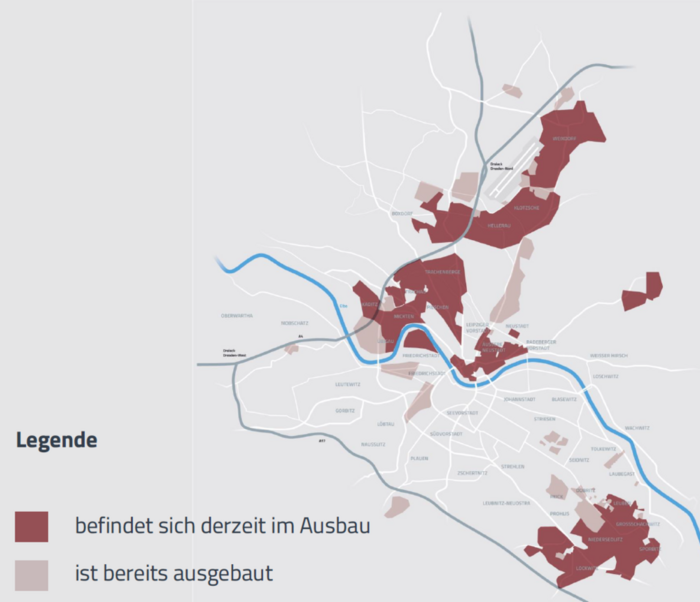Karte mit Ausbaugebieten für Breitband in Dresden