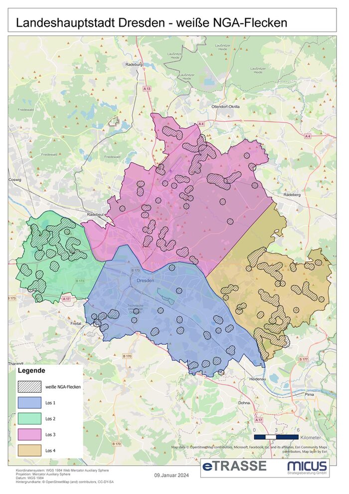 Übersicht der 'weißen Flecken' (Gebiete mit geringer oder keiner Internetanbindung) in Dresden