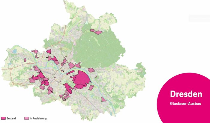 Karte mit Übersicht zum Glasfaserausbau der Telekom in Dresden