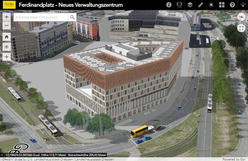 Abbildung der Anwendung mit dem Neuen Verwaltungszentrum im 3D-Stadtmodell