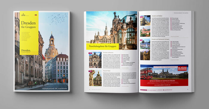 Links ist das Cover der Broschüre "Dresden für Gruppen" mit Blick auf die Frauenkirche am Fürstenzug. Daneben ist eine Doppelseite im Innenteil der Broschüre zu sehen mit Pauschalangeboten speziell für Gruppen.