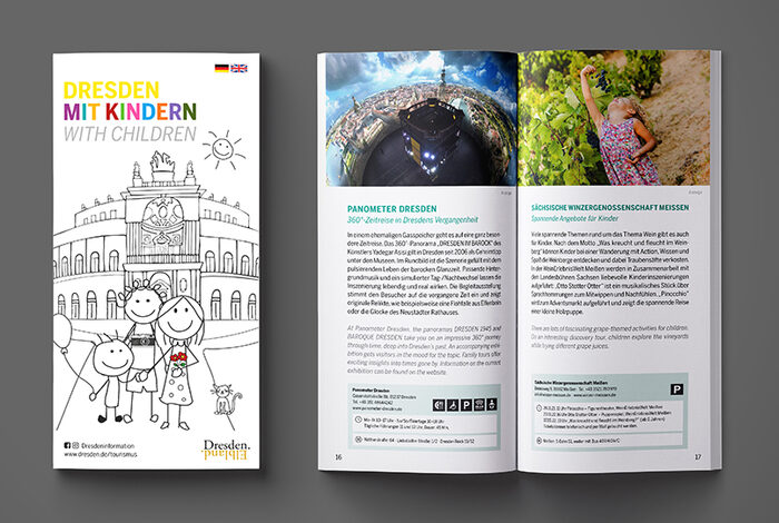 Links ist das Cover der Broschüre „Dresden mit Kindern“, mit einem Ausmalbild, das Vater, Mutter und Sohn mit Katze und Luftballon vor der Dresdner Semperoper zeigt. Daneben ist eine Doppelseite im Innenteil der Broschüre zu sehen mit zwei touristischen Angeboten für Familien.