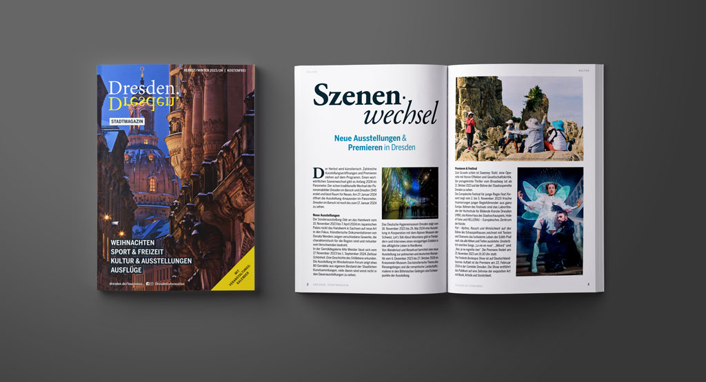 Dresden. Stadtmagazin Ausgabe Herbst/Winter 2023-24, Cover und Blick ins Heft