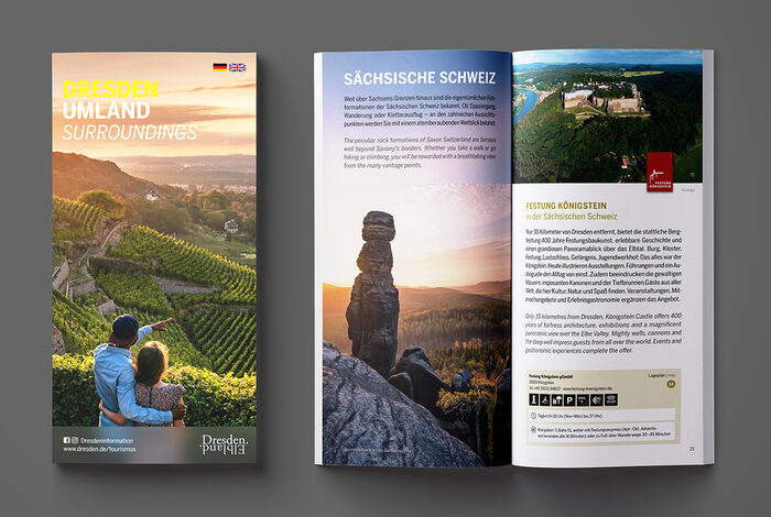 Links ist das Cover der Broschüre „Dresdner Umland“ mit der Basteibrücke in der Sächsischen Schweiz zu sehen. Daneben ist eine Doppelseite im Innenteil der Broschüre zu sehen mit der Einstiegsseite für das Elbland und einem Angebot aus dem Umland.