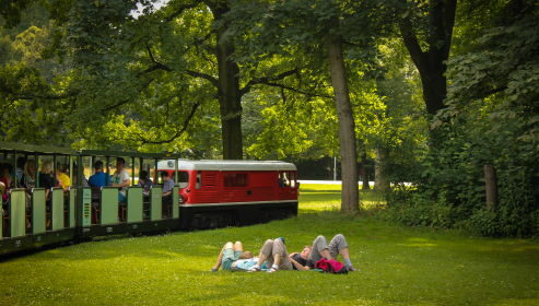 Die fahrende Parkeisenbahn im Großer Garten bei sommerlichem Ambiente, auf der grünen Wiese liegen drei Menschen und genießen das Wetter.