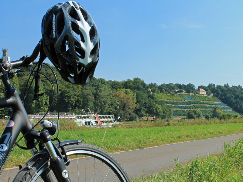 Fahrrad mit Helm am Lenker steht dem Elberadweg im Gras. Im Hintergrund fährt ein Dampfschiff auf der Elbe entlang.