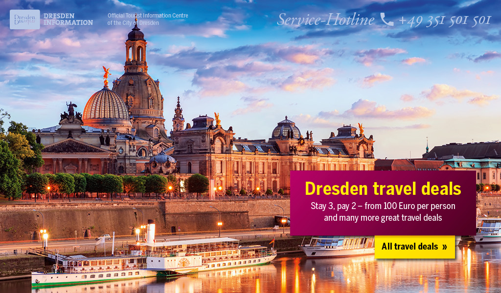 Famous Dresden city scenery with the Curch of Our Lady, the Brühlsche Terrasse and the steam ships on the Elbe at sunset. In the right corner is the information for the travel deals of the Dresden Information. It starts at 100 euros.