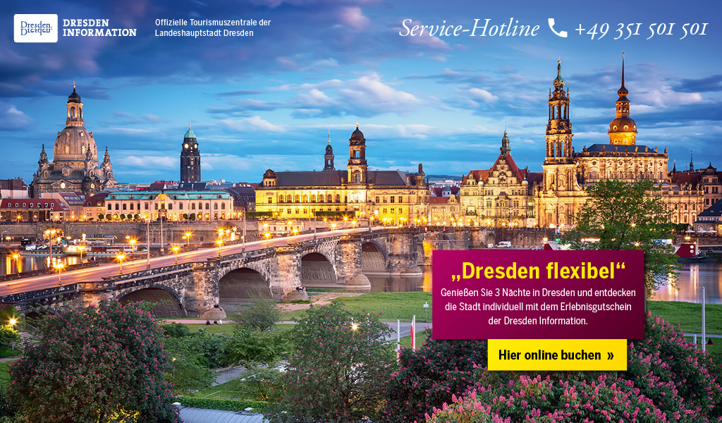 Dresden am Abend mit Blick auf die historische Altstadt, Frauenkirche, Residenzschloss und Augustusbrücke.