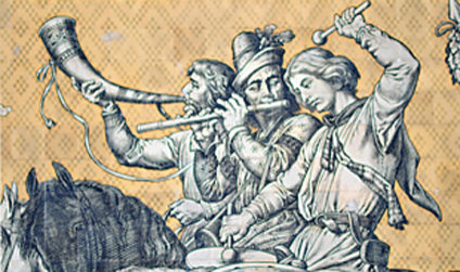 Detailaufnahme des Fürstenzugs, drei Musiker mit Instrumenten zu Pferd