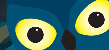 Logo der Museumsnacht Dresden: blaue Eule mit großen gelben Augen.
