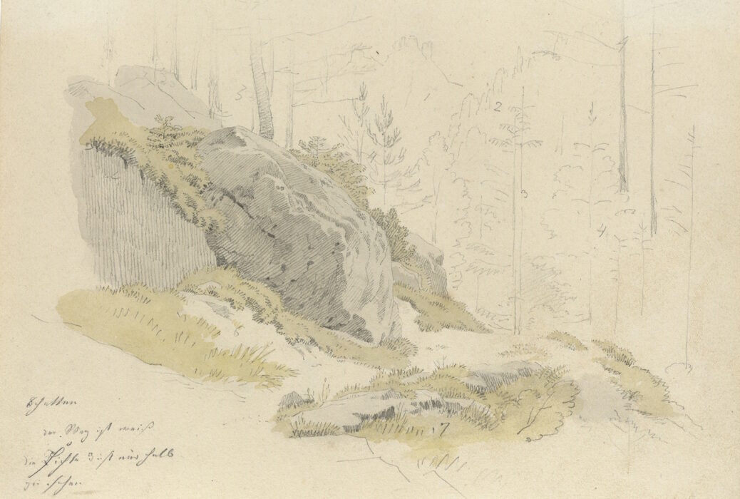 Felsen an einem Waldweg mit Blick in eine Schlucht, Caspar David Friedrich, Bleistift, aquarelliert, 180 x 260 mm, Kupferstich-Kabinett