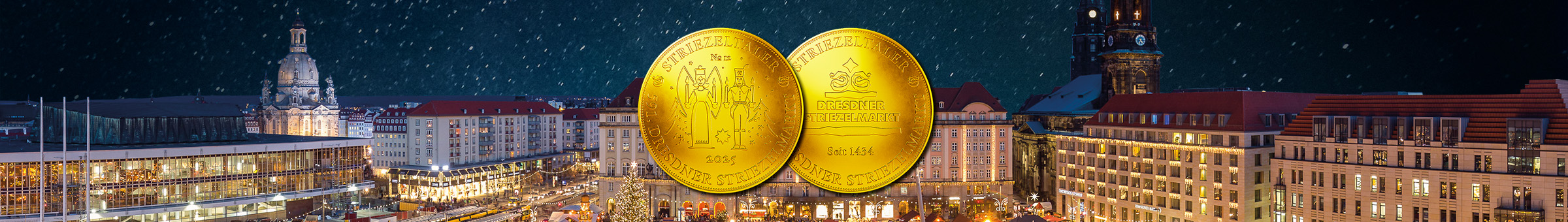 Der Striezeltaler Motiv 2025, im Hintergrund sieht man die festlich erleuchtete Innenstadt rund um den Striezelmarkt.