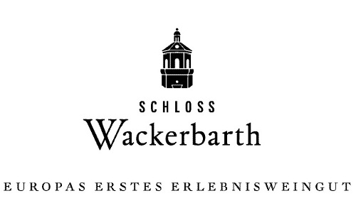 Logo von Schloss Wackerbarth in weiß mit schwarzer Schrift und dem Umriss vom Belvedere.