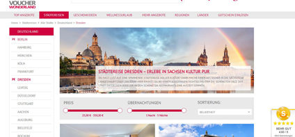 Übersicht des Internetportals von voucherwonderland.com mit Angeboten zu Städtereisen nach Dresden